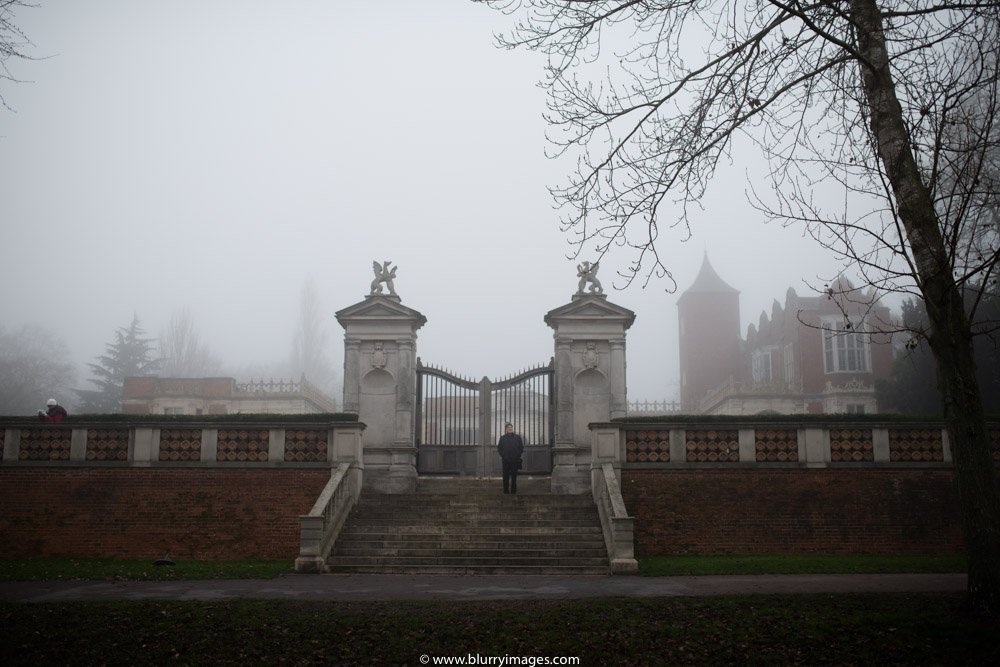 foggy day in London, holland park castle, misty day, stair to the castle