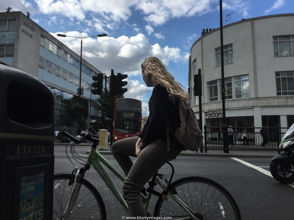bicycle, blond hair, Notting Hill Gate, woman on bicycle
