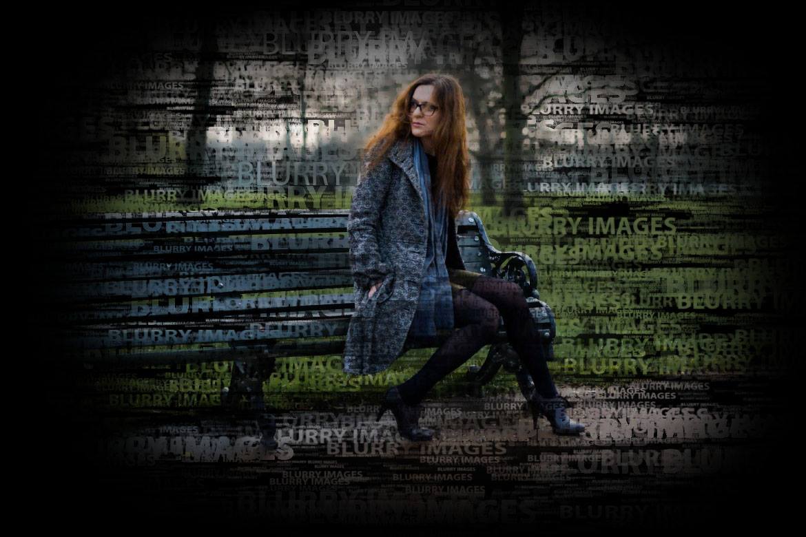 Marlena's portrait, Marlena's picture, bench in park, blurry images, brown hair, grey jacket, grey, coat, blurry background